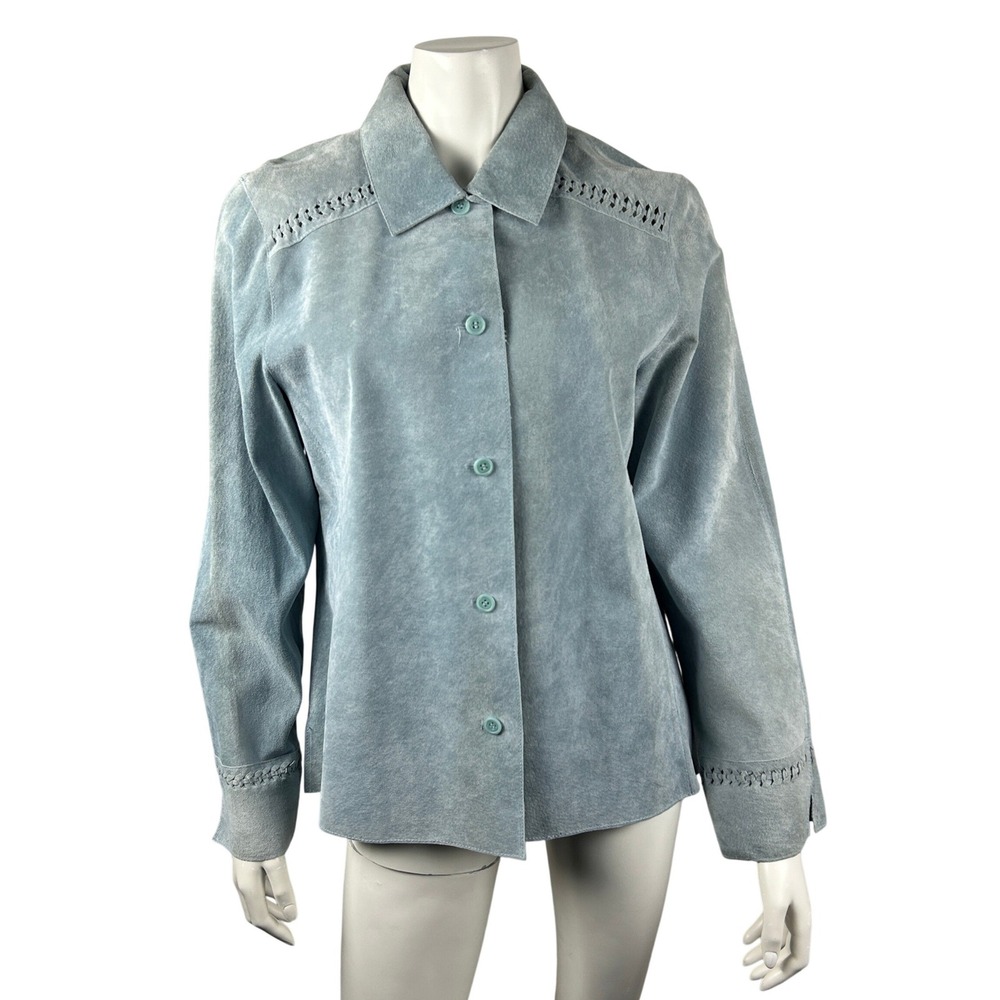 Danier Suede Leather Jacket Womens Small Blue Button Front Cutout Trim
